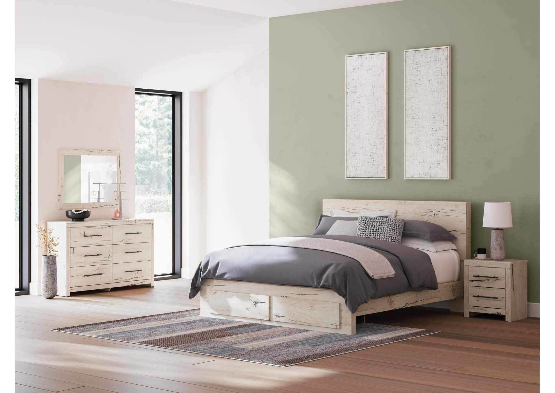 Lawroy King Panel Storage Bed with Mirrored Dresser and Nightstand