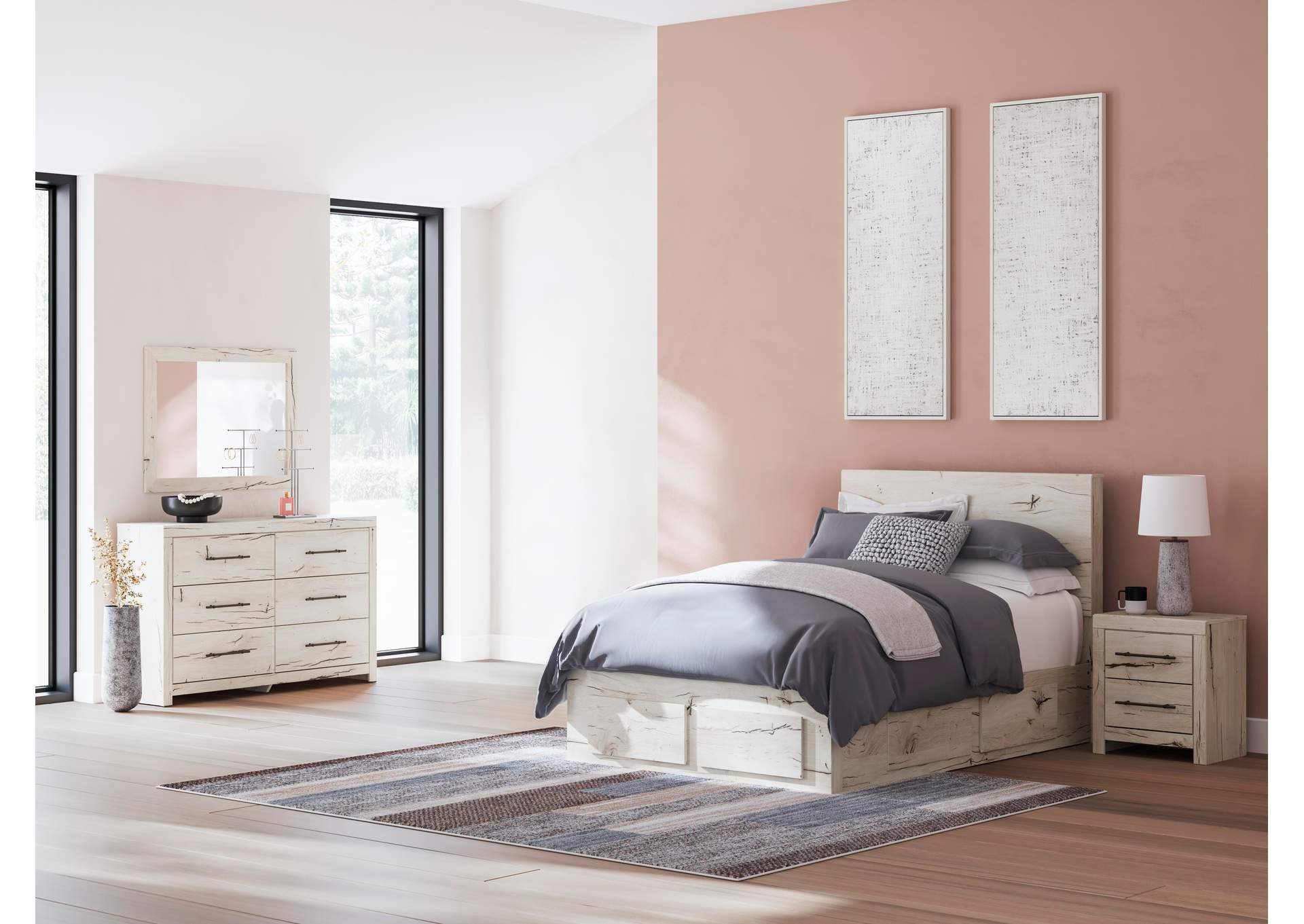 Lawroy Full Panel Storage Bed with Mirrored Dresser and Nightstand