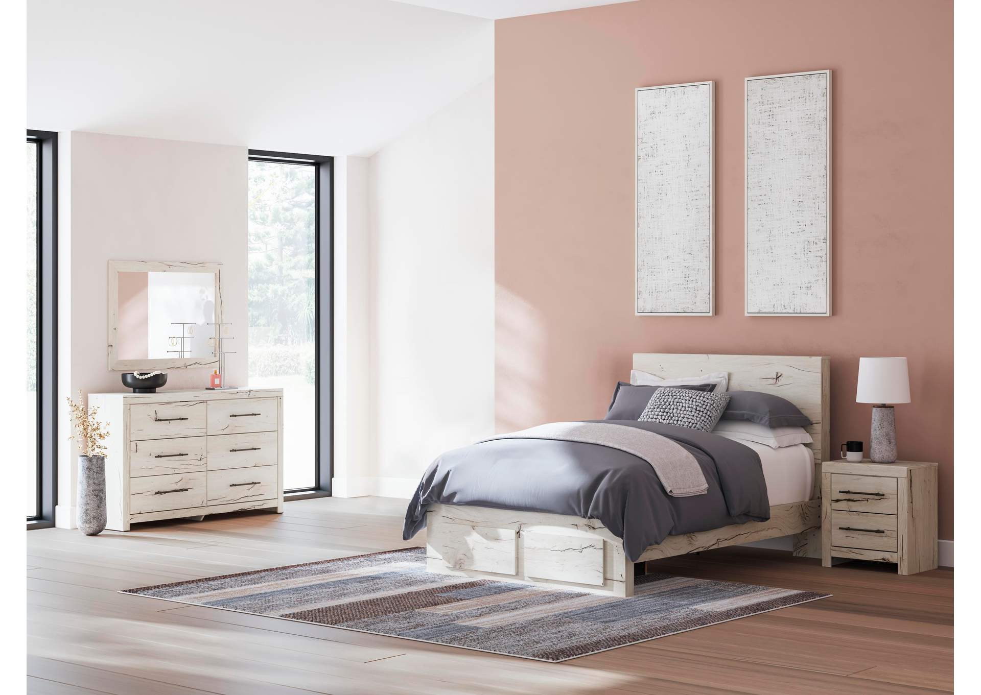 Lawroy Full Panel Storage Bed with Mirrored Dresser and Nightstand