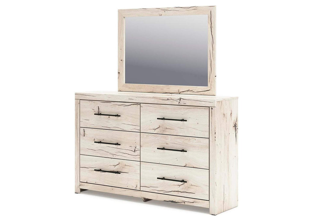 Lawroy King Panel Bed with Mirrored Dresser and Chest angled view
