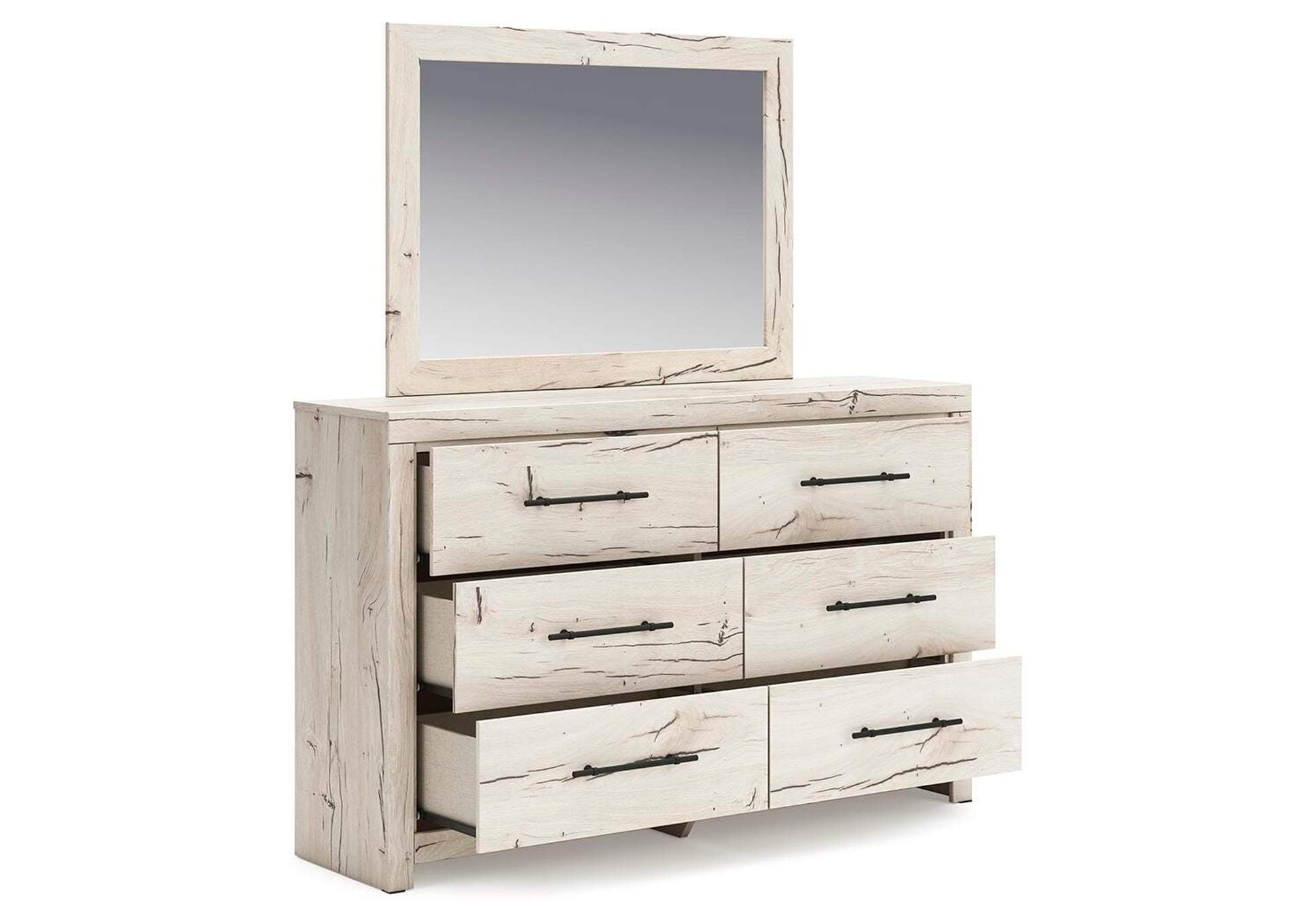 Lawroy King Panel Storage Bed, Dresser, Mirror and Nightstand angled view