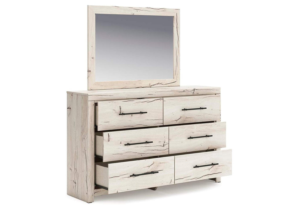 Lawroy Queen Panel Storage Bed with Mirrored Dresser angled view