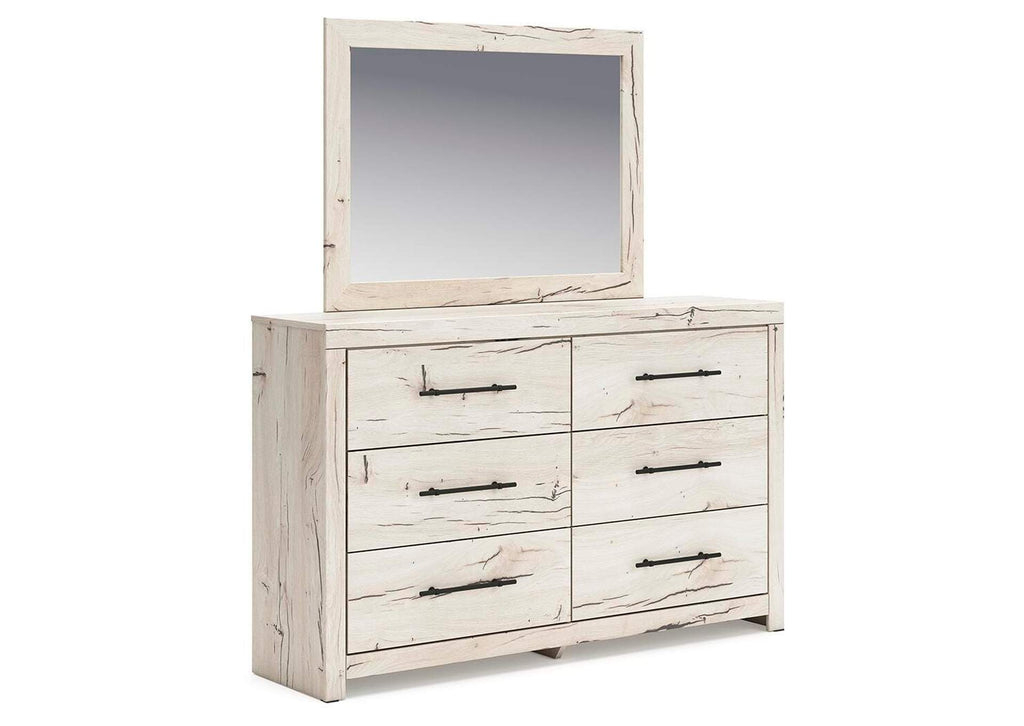 Lawroy King Panel Headboard with Mirrored Dresser and Chest angled view