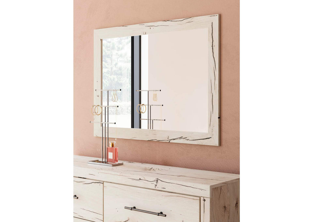 Lawroy King Panel Bed with Storage, Dresser and Mirror detail