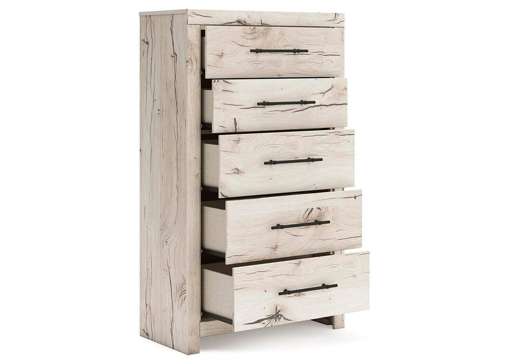 Lawroy King Panel Storage Bed, Dresser, Mirror, Chest and 2 Nightstands angled view