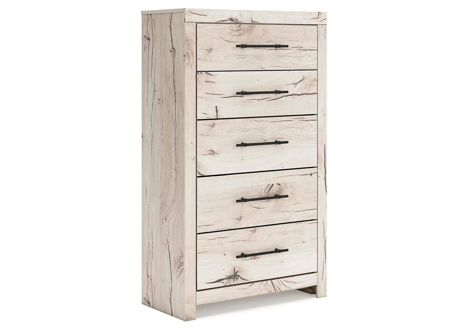 Lawroy King Panel Bed, Dresser, Mirror, Chest and Nightstand angled view