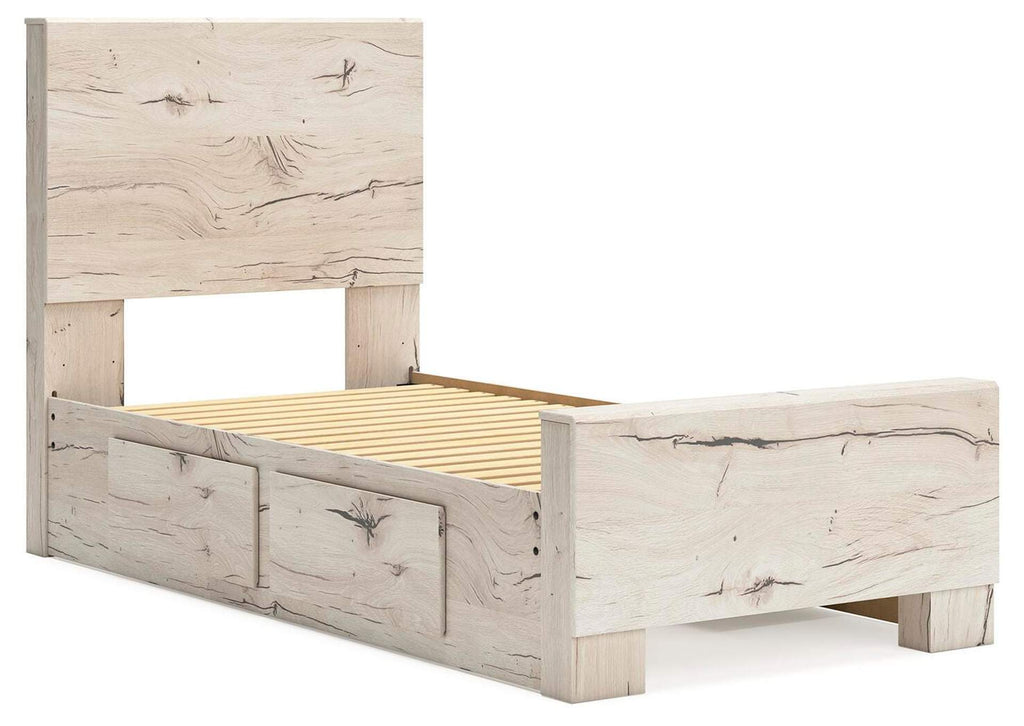 Lawroy Twin Panel Bed with Storage, Dresser and Mirror angled view