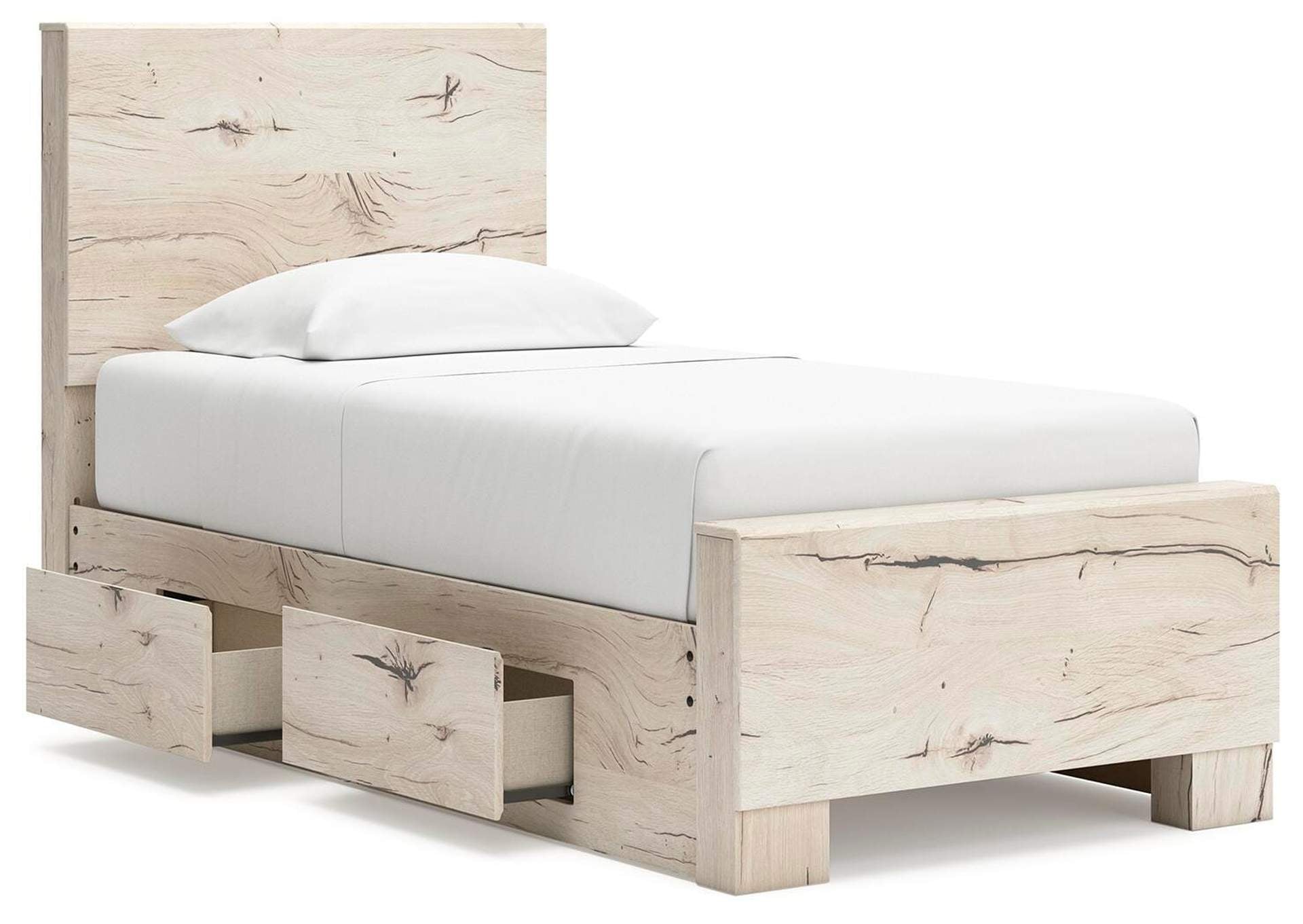 Lawroy Twin Panel Bed with Storage, Dresser and Mirror angled view