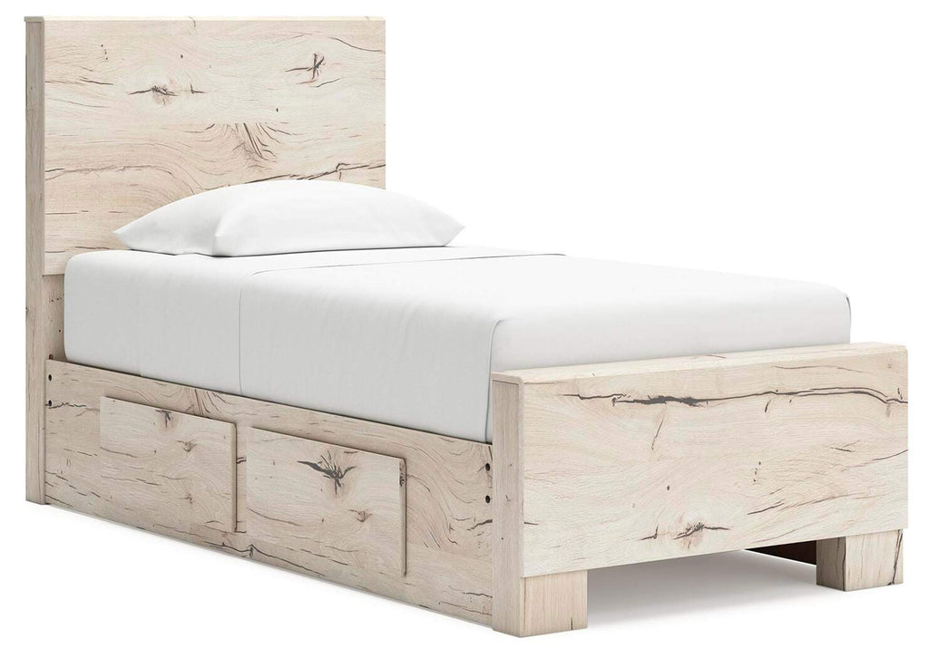 Lawroy Twin Panel Bed with Storage and Nightstand angled view