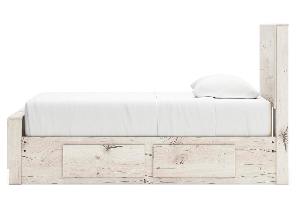 Lawroy Twin Panel Bed with Storage and Nightstand side view
