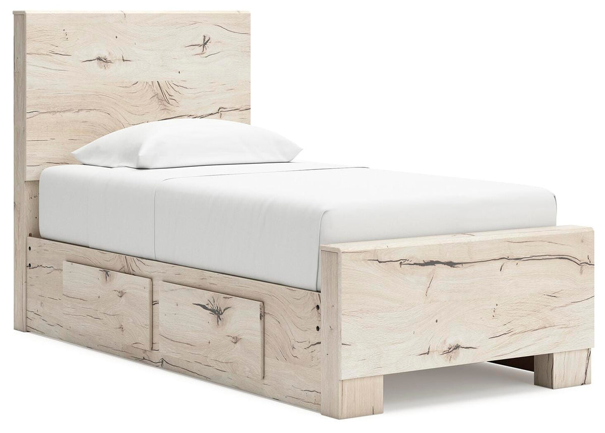 Lawroy Twin Panel Bed with Storage in Light Natural, angle view