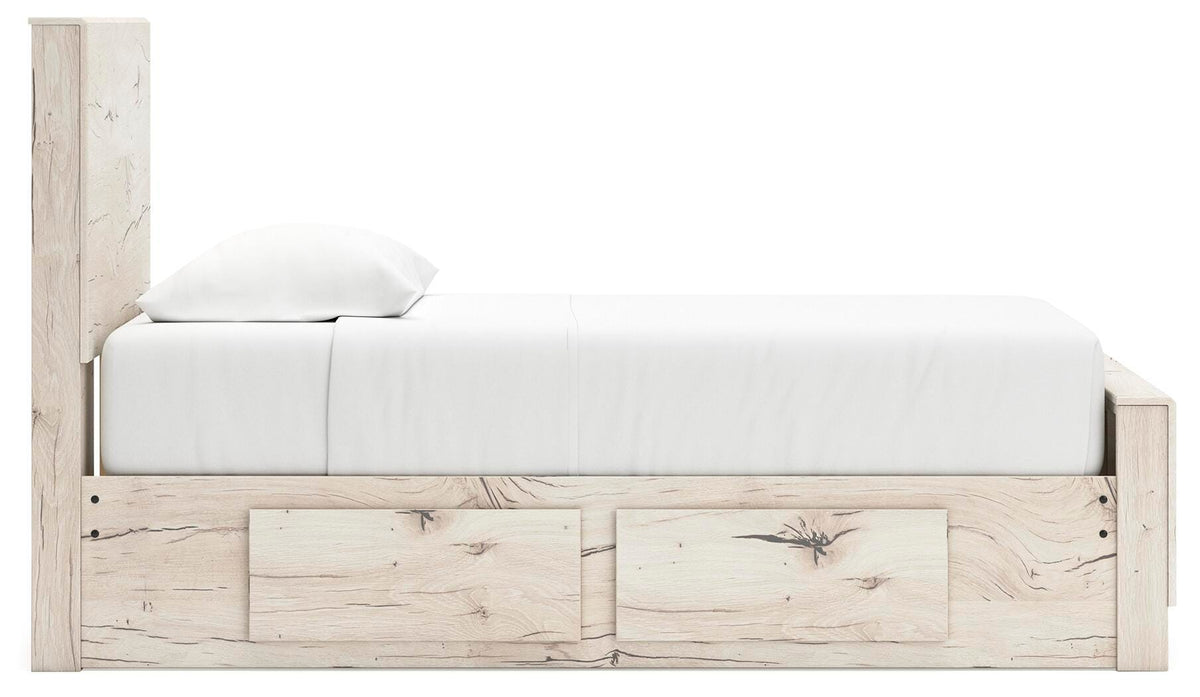 Lawroy Twin Panel Bed with Storage in Light Natural, side view