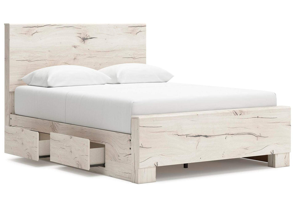 Lawroy Queen Panel Bed with Storage, Dresser and Mirror angled view