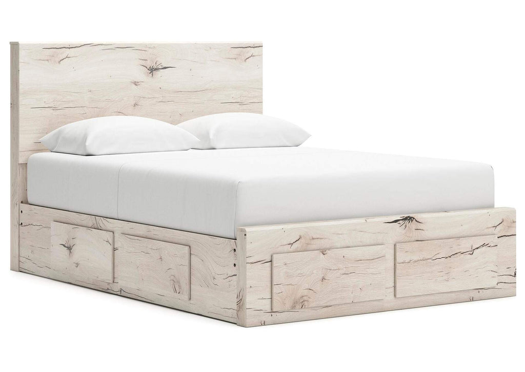Lawroy Queen Panel Storage Bed with Mirrored Dresser angled view