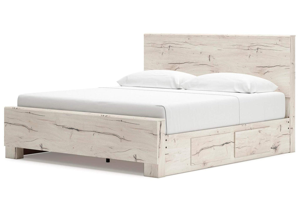 Lawroy King Panel Bed with Storage, Dresser and Mirror angled view