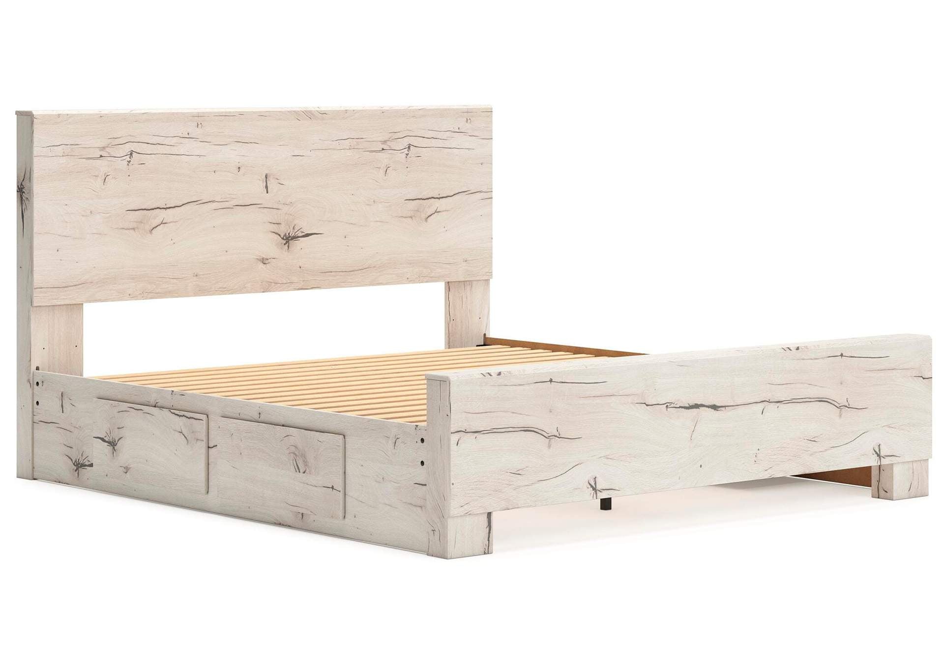 Lawroy King Panel Bed with Storage, Dresser and Mirror angled view