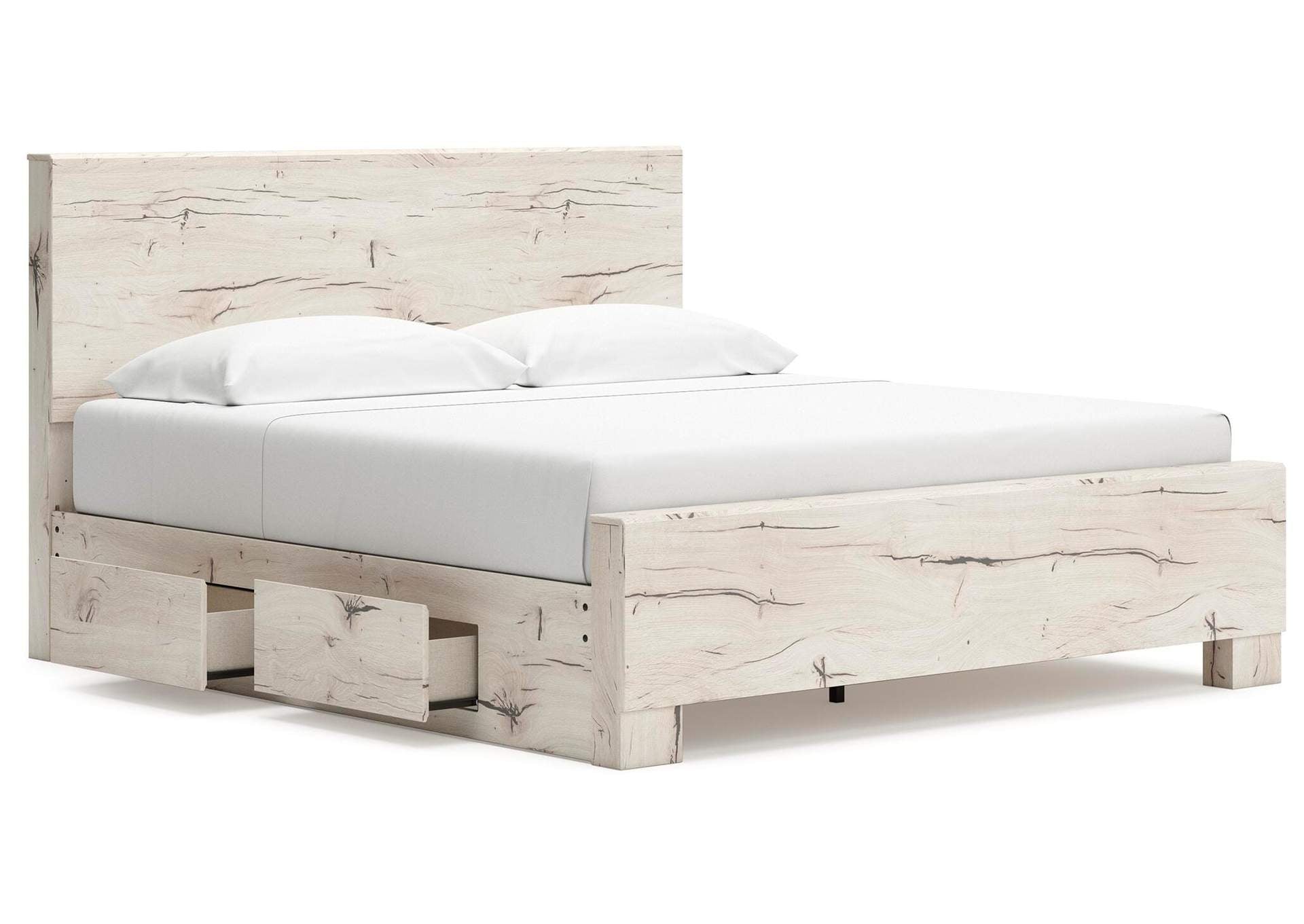 Lawroy King Panel Bed with Storage, Dresser and Mirror angled view