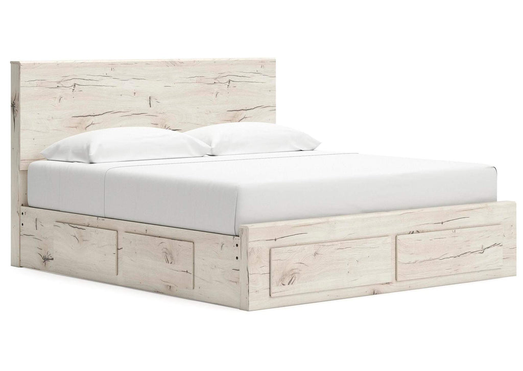Lawroy King Panel Storage Bed with Mirrored Dresser and Nightstand angled view
