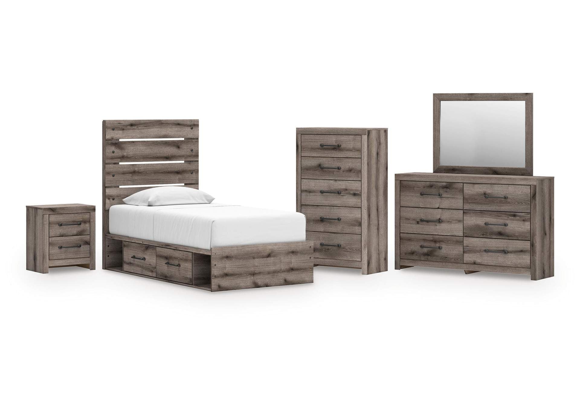 Urbanoore Twin Panel Bed with Storage, Dresser, Mirror, Chest and Nightstand