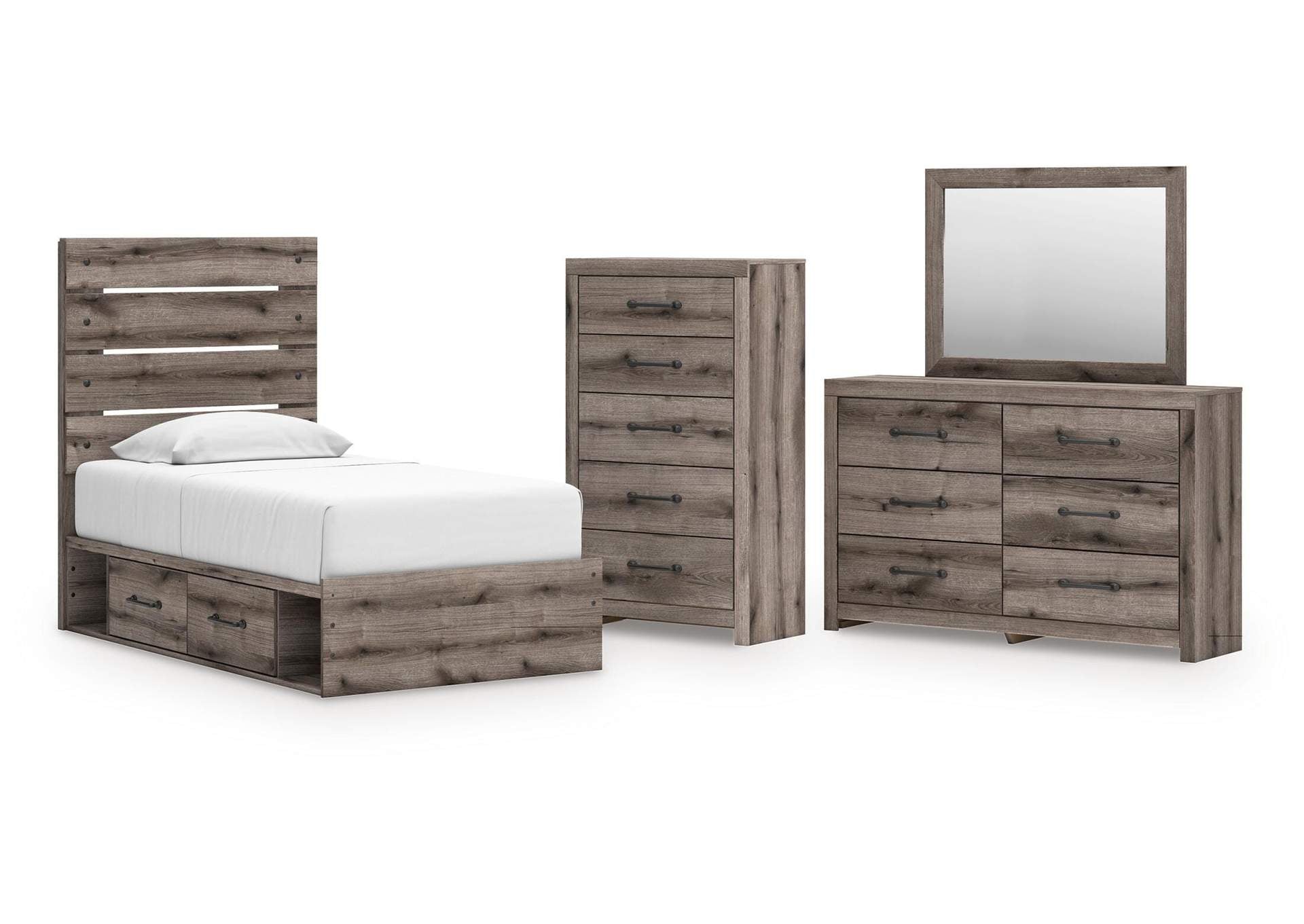 Urbanoore Twin Panel Bed with Storage, Dresser, Mirror and Chest