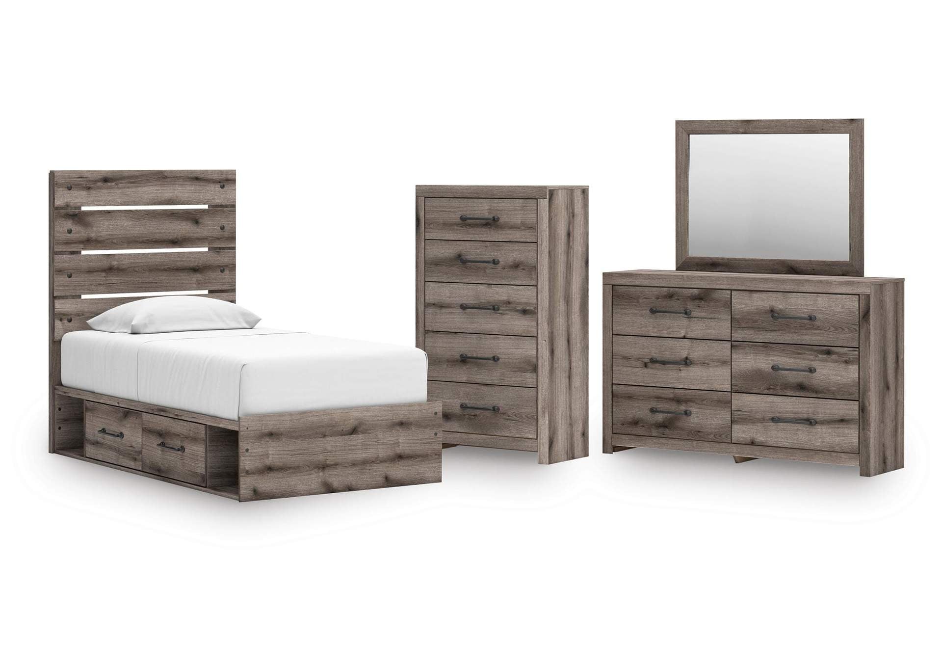 Urbanoore Twin Panel Storage Bed, Dresser, Mirror and Chest