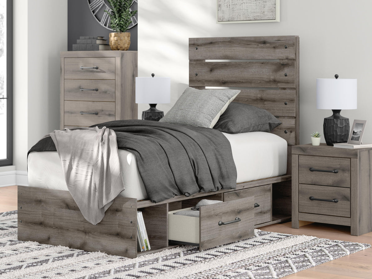 Graystorm Twin Panel Bed with Storage in Brown Gray, lifestyle view