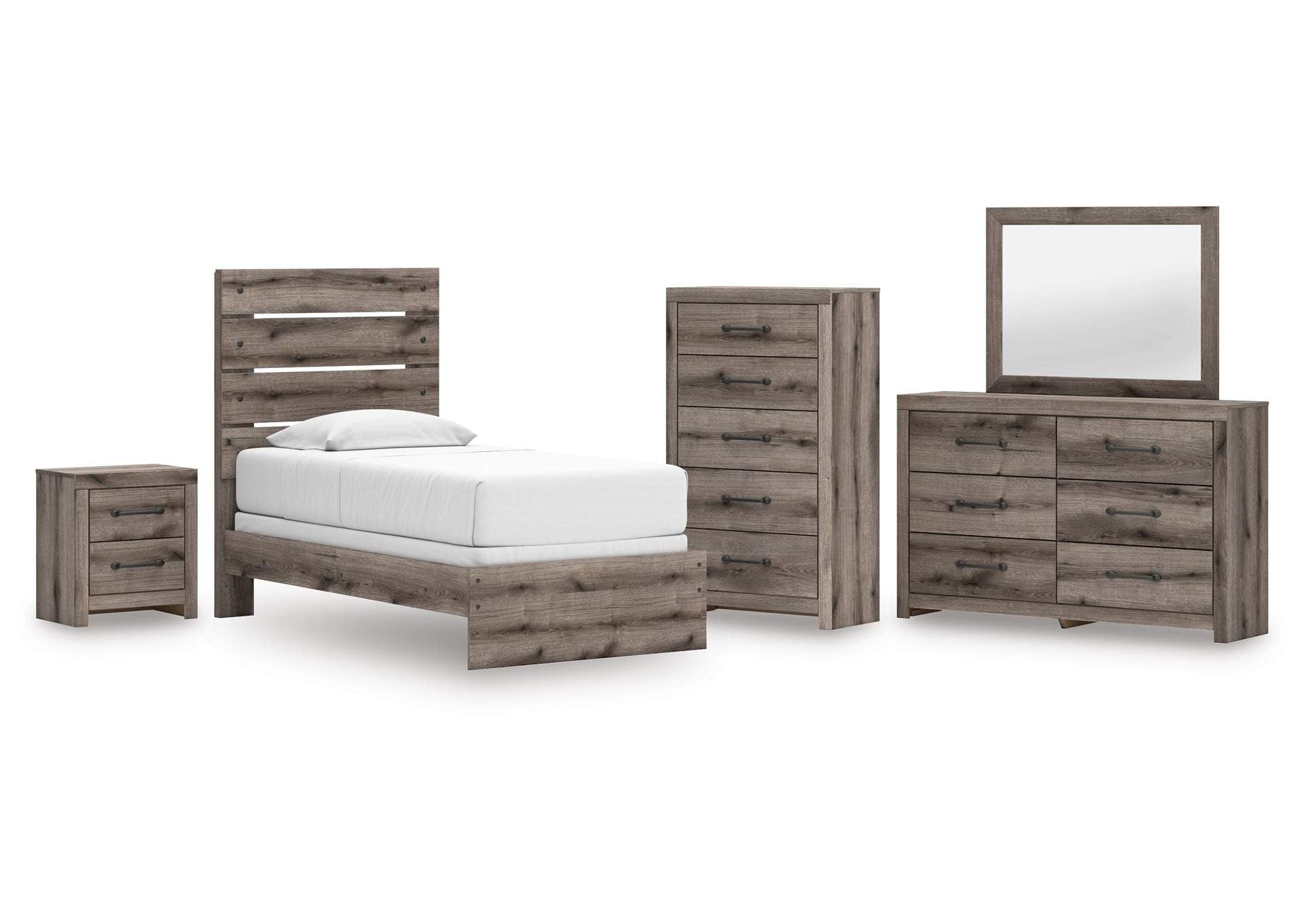 Urbanoore Twin Panel Bed, Dresser, Mirror, Chest and Nightstand