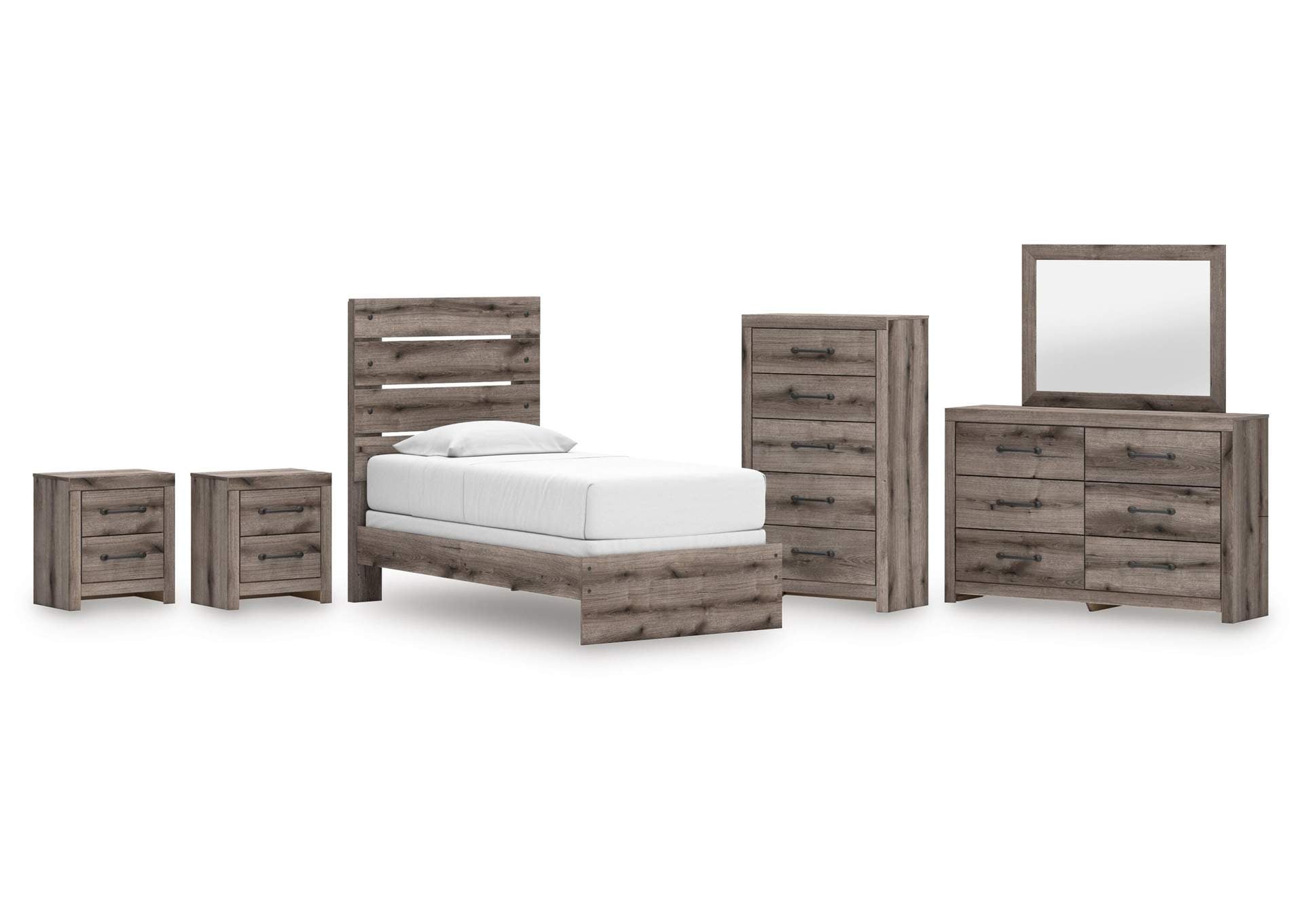 Urbanoore Twin Panel Bed, Dresser, Mirror, Chest and 2 Nightstands