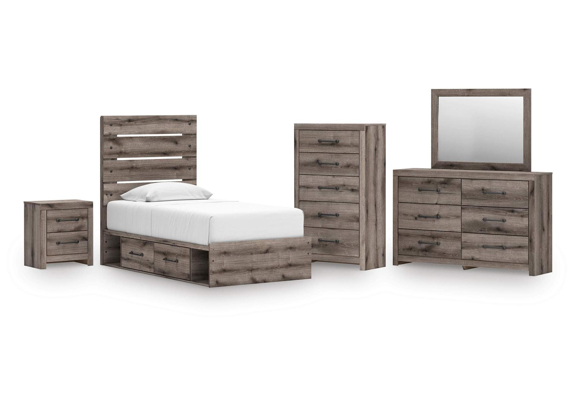 Urbanoore Twin Panel Storage Bed, Dresser, Mirror, Chest and Nightstand