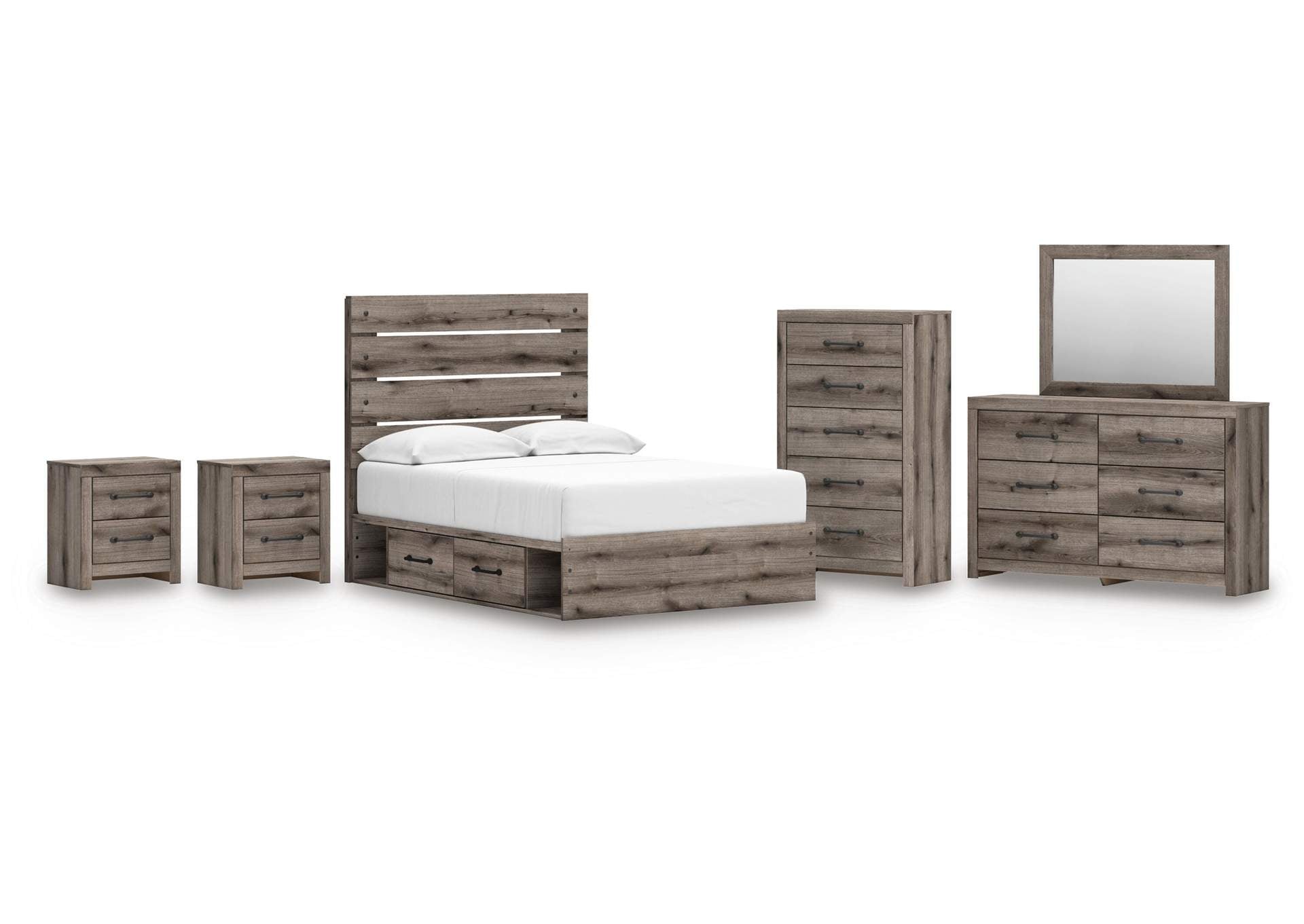 Urbanoore Full Panel Storage Bed, Dresser, Mirror, Chest and 2 Nightstands