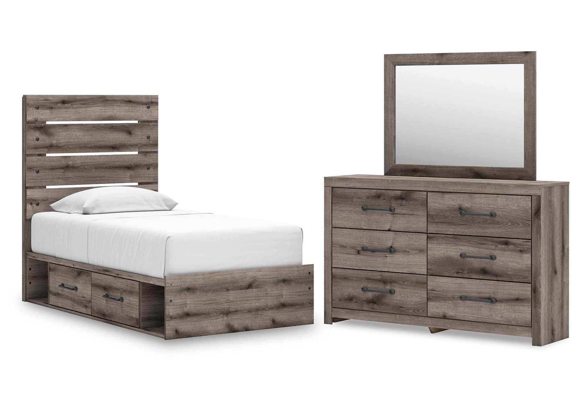Urbanoore Twin Panel Bed with Storage, Dresser and Mirror