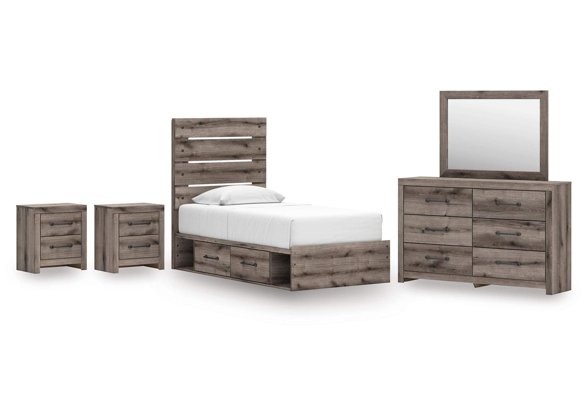 Urbanoore Twin Panel Storage Bed, Dresser, Mirror and 2 Nightstands
