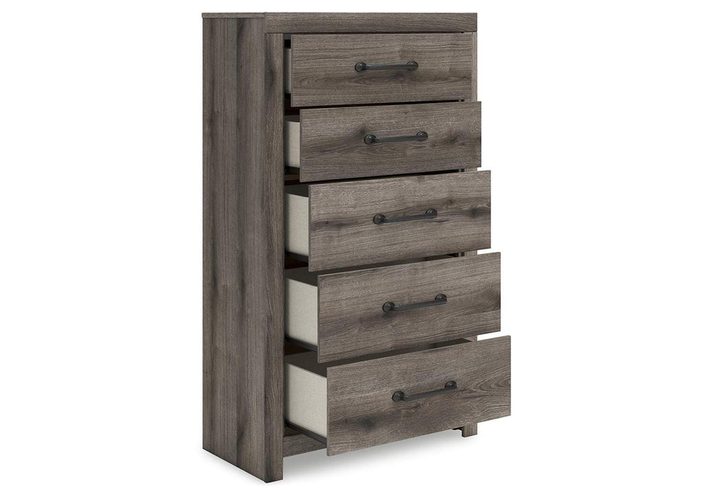 Urbanoore King Panel Bed, Dresser, Mirror, Chest and Nightstand angled view