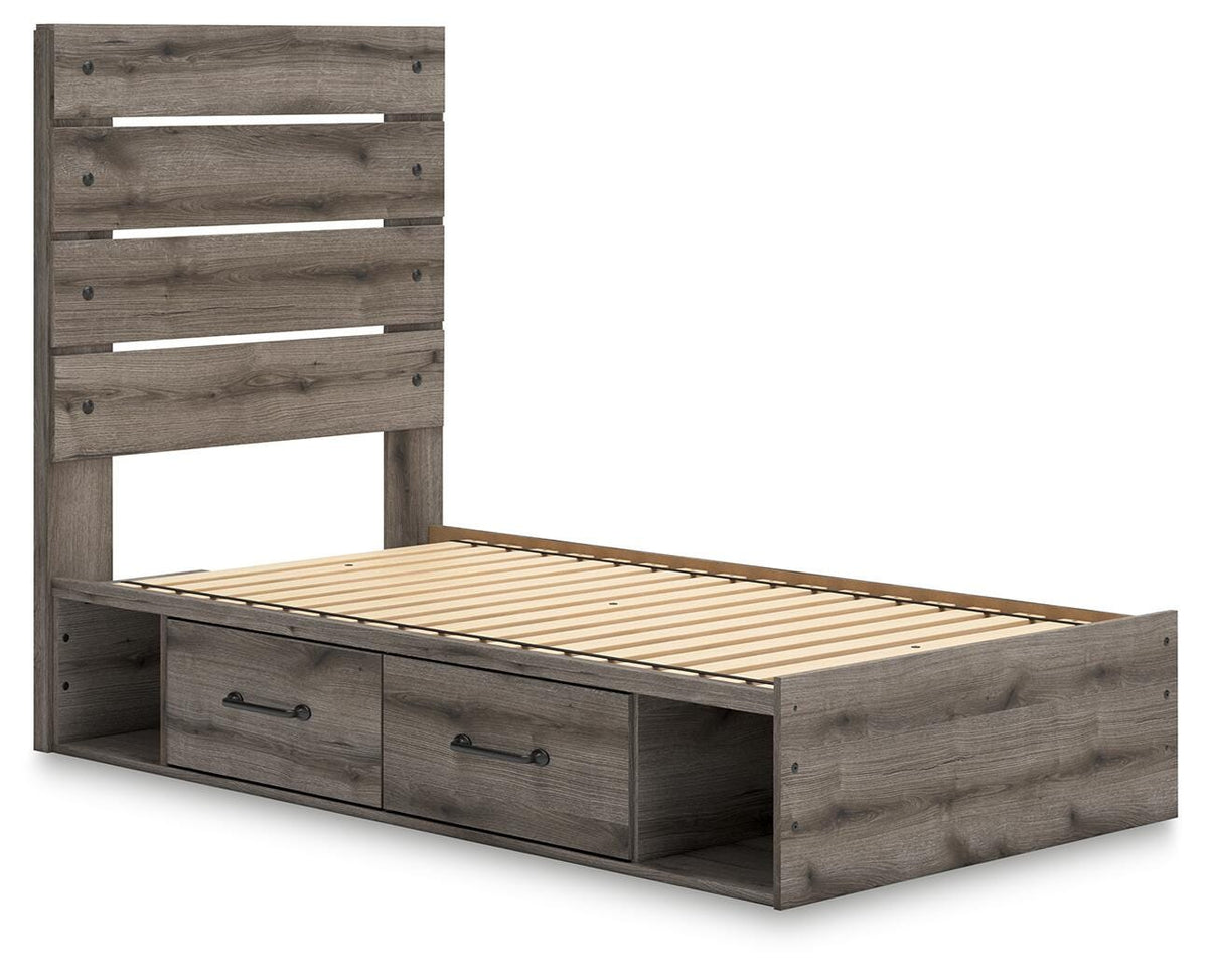 Graystorm Twin Panel Storage Bed in Brown Gray, angle view