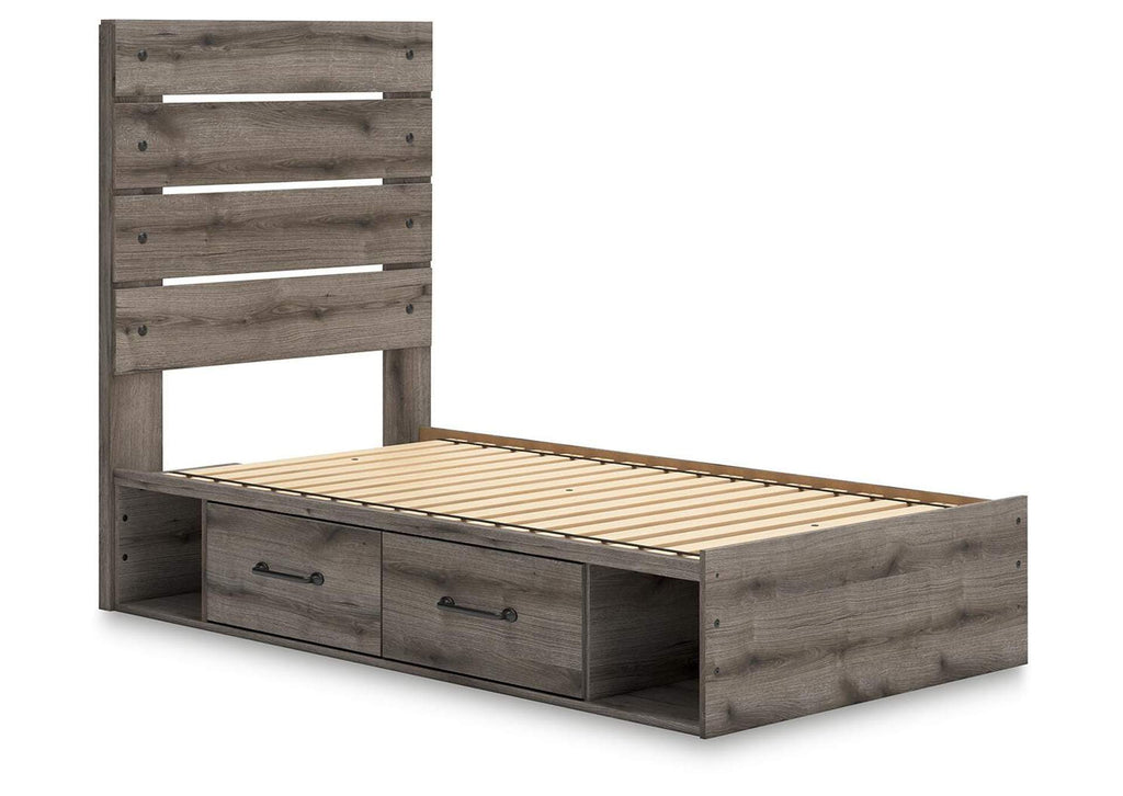 Urbanoore Twin Panel Storage Bed, Dresser, Mirror and 2 Nightstands angled view