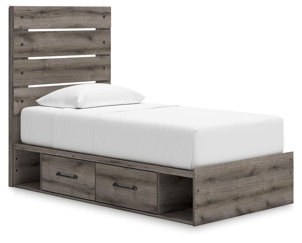 Graystorm Twin Panel Storage Bed in Brown Gray, angle view