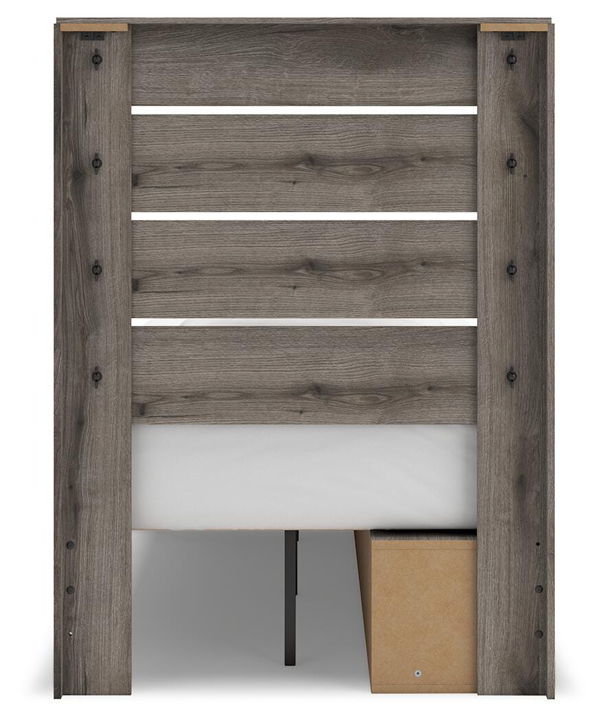 Graystorm Twin Panel Storage Bed in Brown Gray, back view