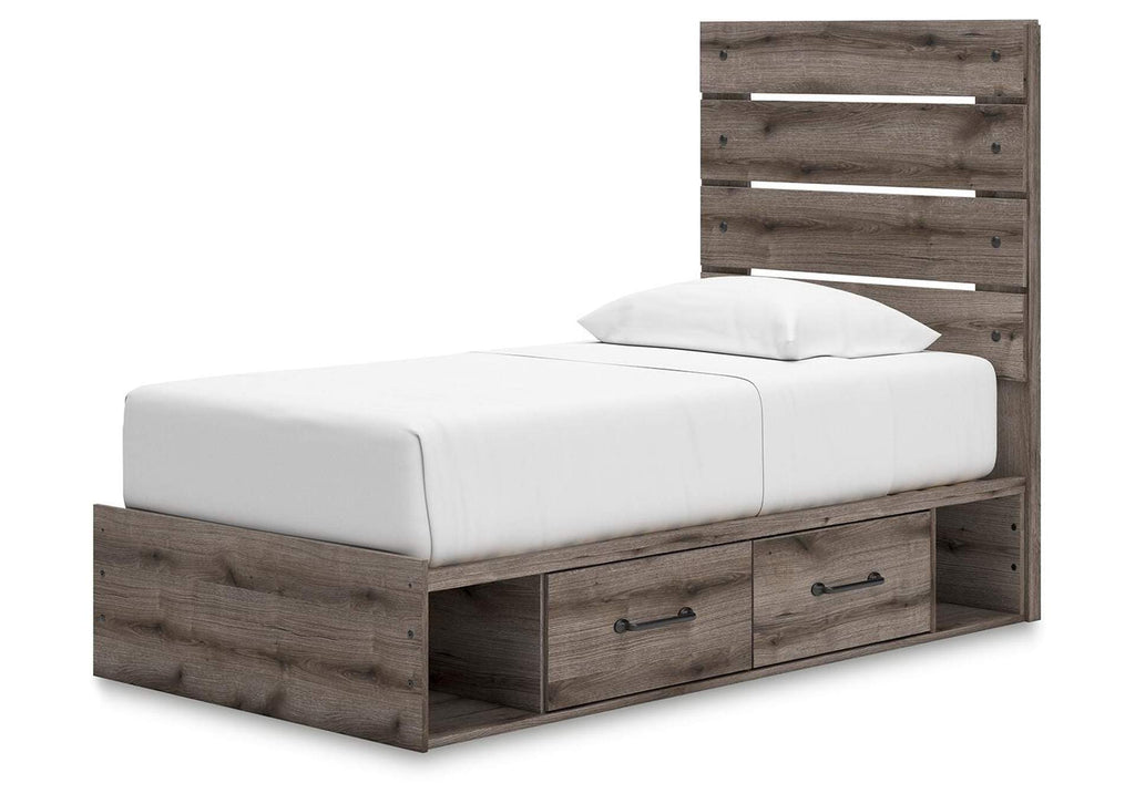 Urbanoore Twin Panel Bed with Storage, Dresser and Nightstand angled view