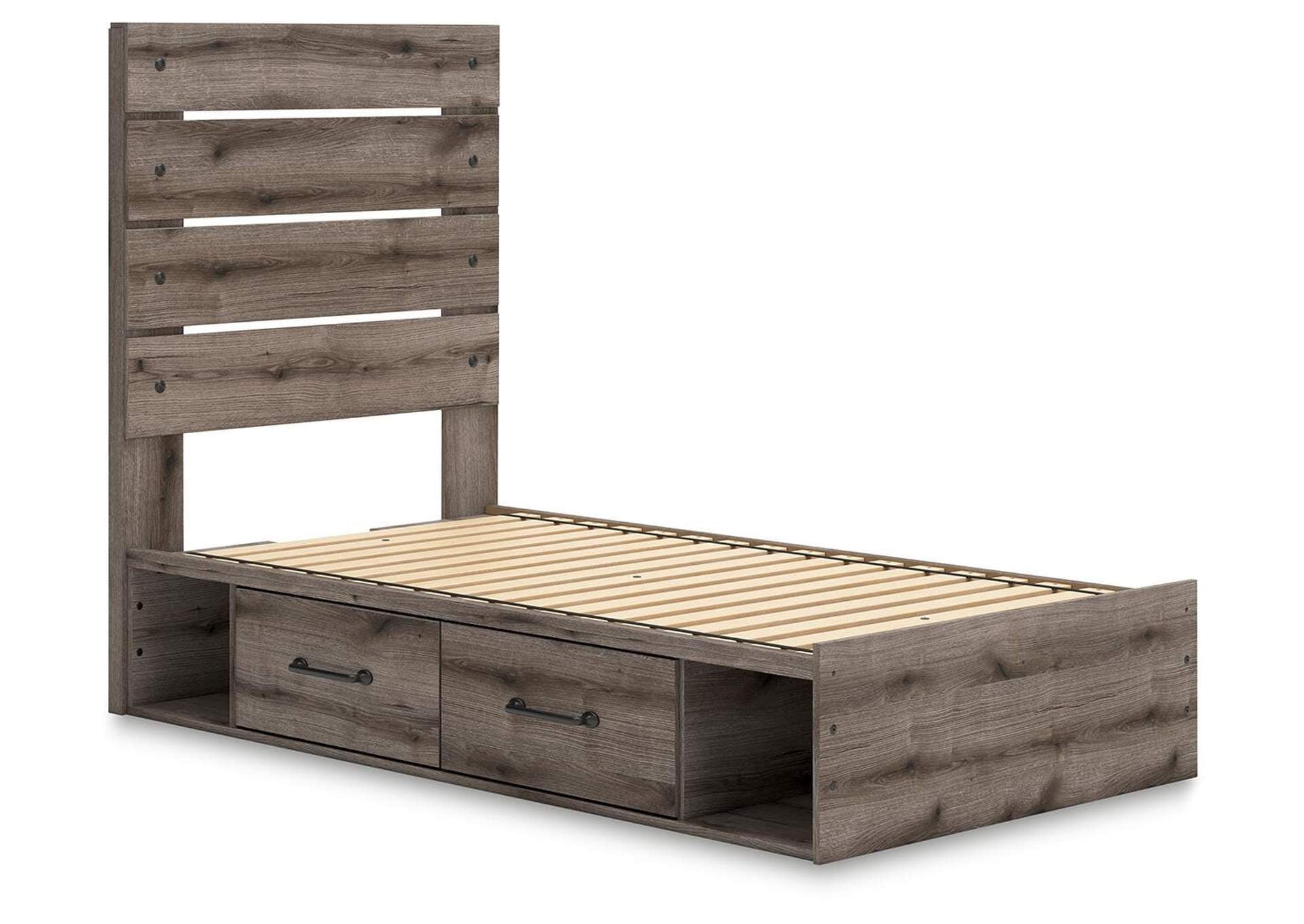 Urbanoore Twin Panel Bed with Storage, Dresser and Nightstand angled view