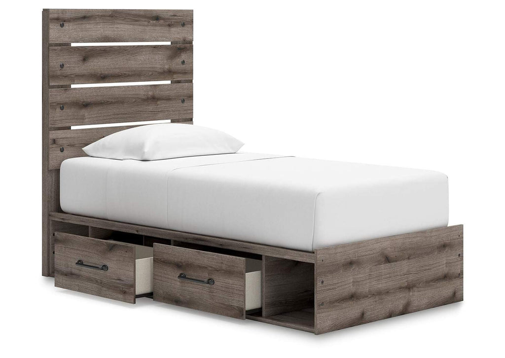 Urbanoore Twin Panel Bed with Storage, Dresser and Nightstand angled view