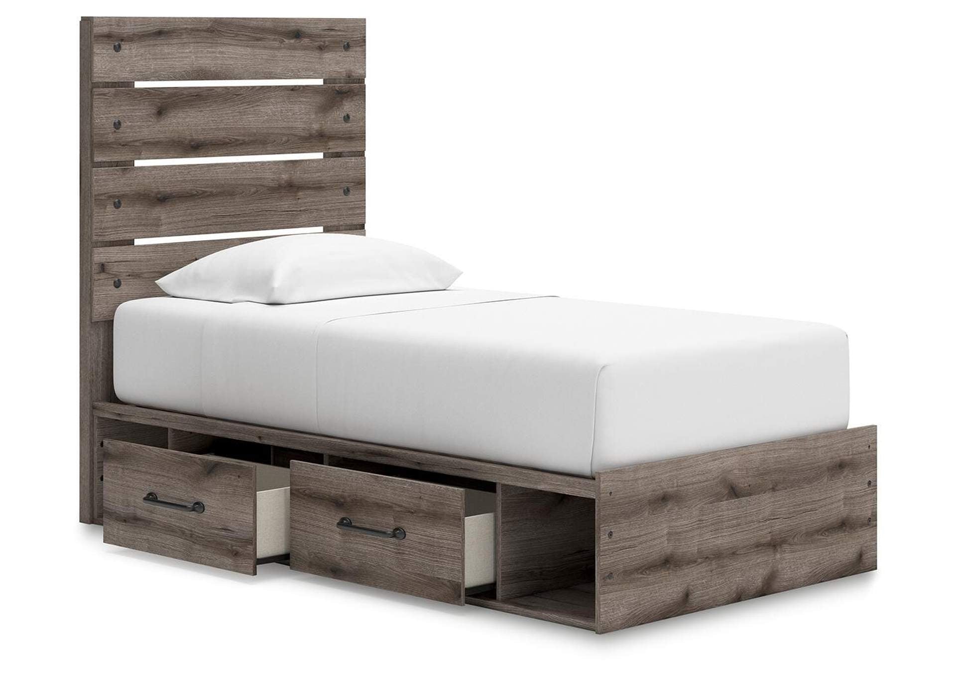 Urbanoore Twin Panel Bed with Storage, Dresser and Mirror angled view