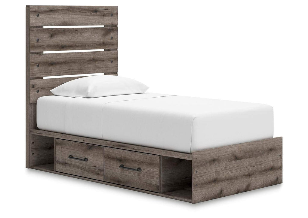 Urbanoore Twin Panel Bed with Storage, Dresser and Nightstand angled view