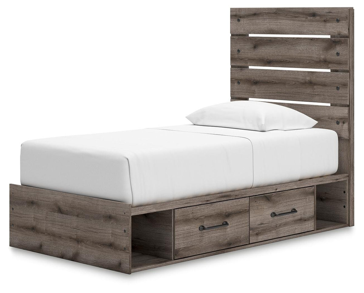 Graystorm Twin Panel Bed with Storage in Brown Gray, angle view