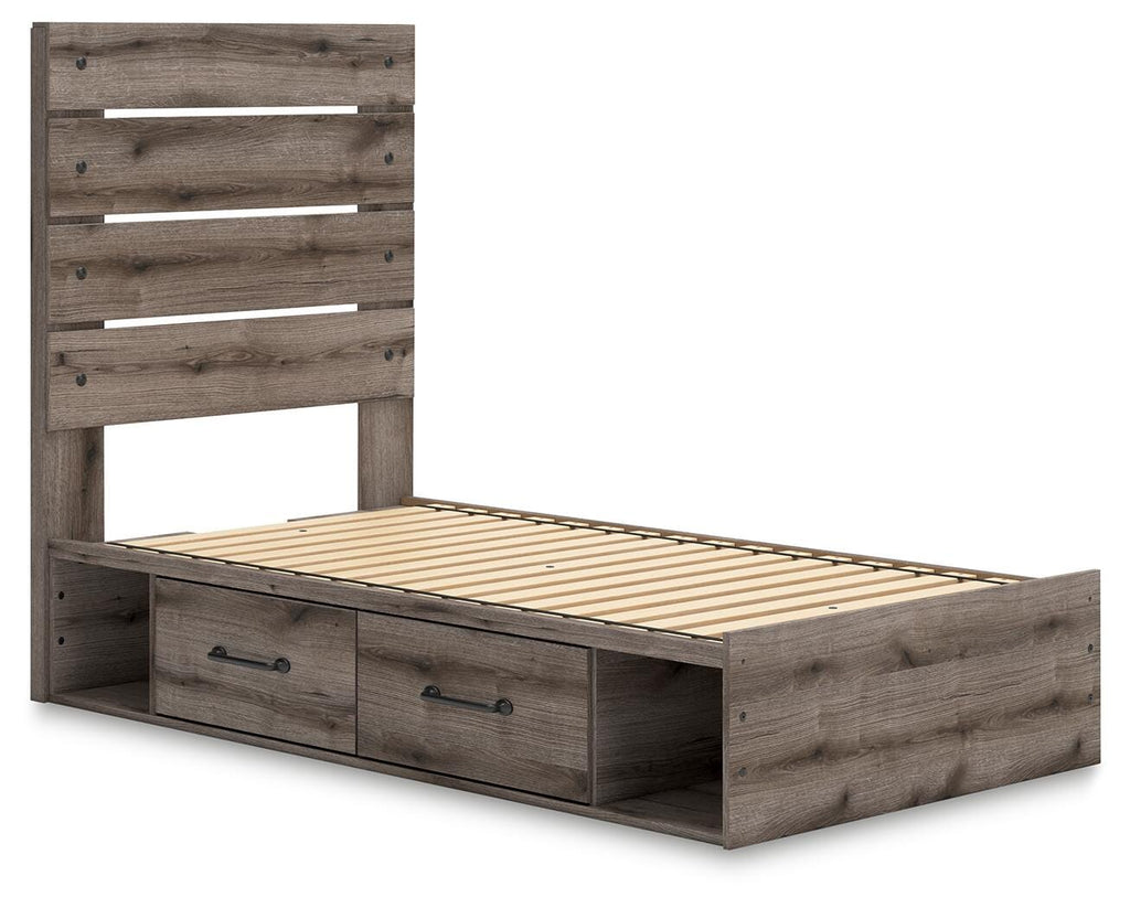 Graystorm Twin Panel Bed with Storage in Brown Gray, angle view