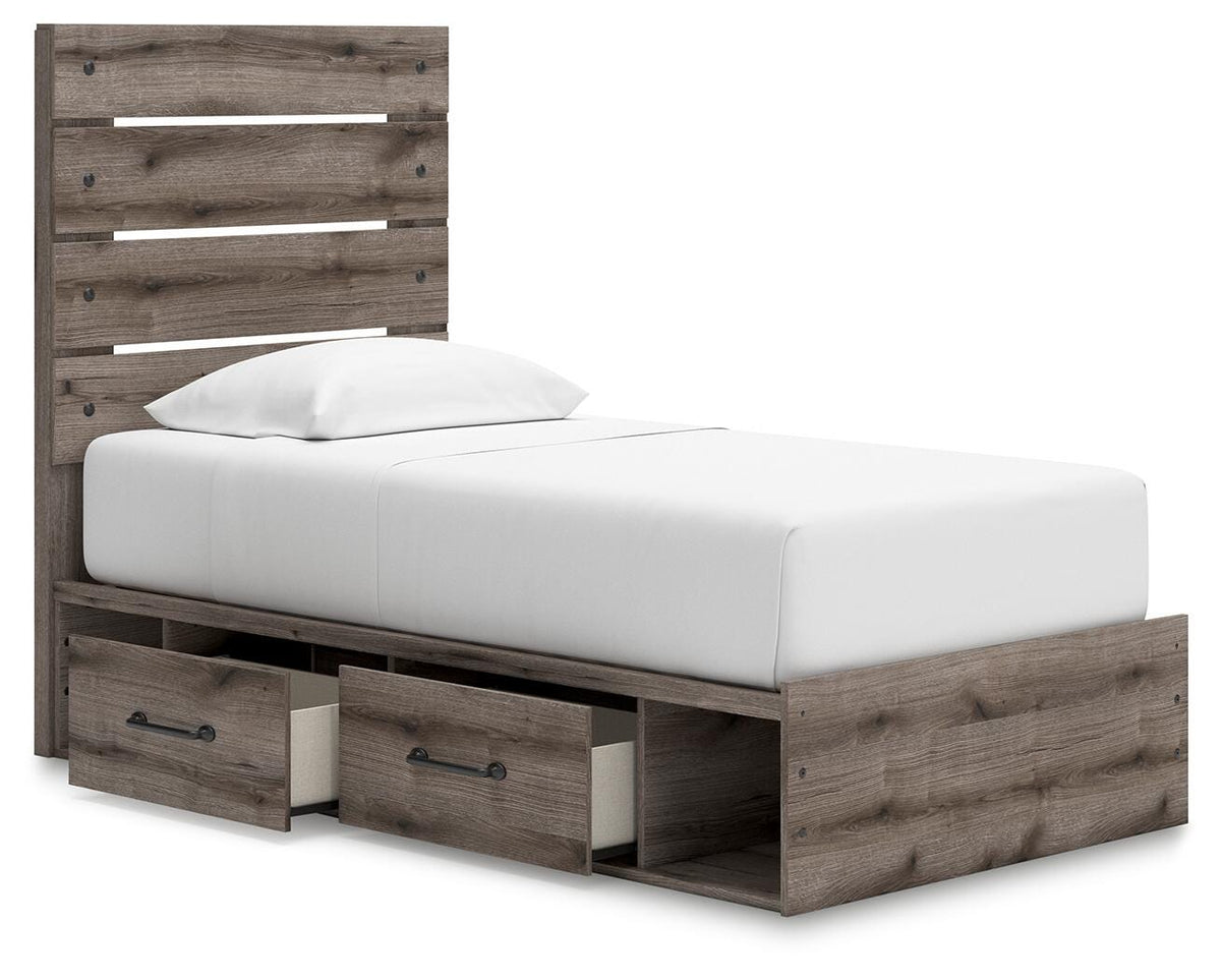 Graystorm Twin Panel Bed with Storage in Brown Gray, open view