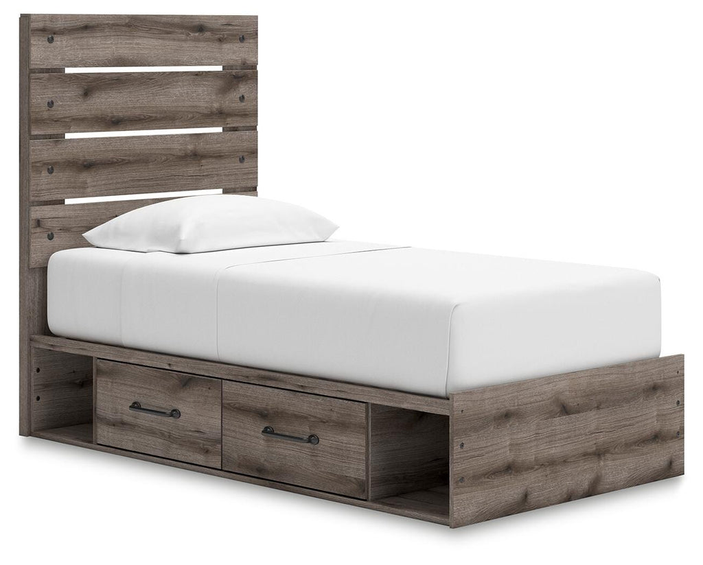 Graystorm Twin Panel Bed with Storage in Brown Gray, angle view