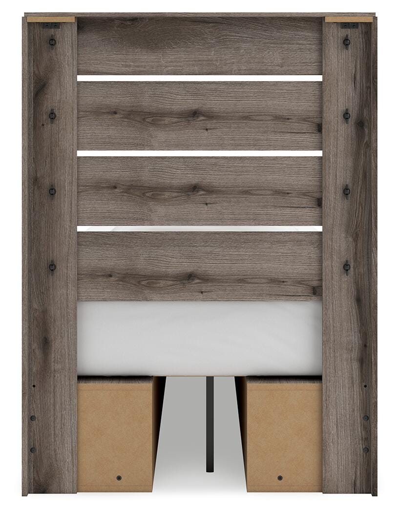 Graystorm Twin Panel Bed with Storage in Brown Gray, back view