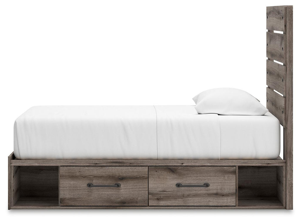 Graystorm Twin Panel Bed with Storage in Brown Gray, alternate side view