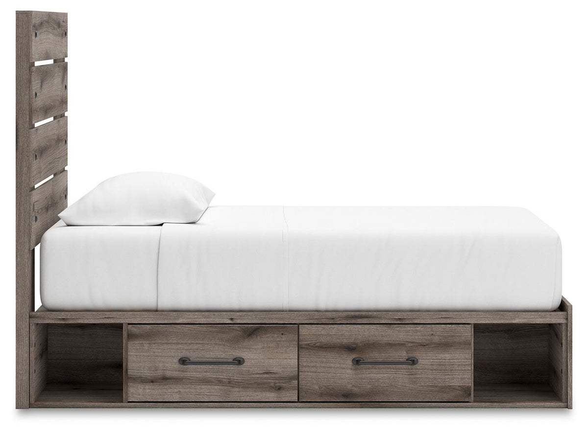 Graystorm Twin Panel Bed with Storage in Brown Gray, side view