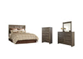 Juararo Queen Panel Headboard Bed with Mirrored Dresser and Chest